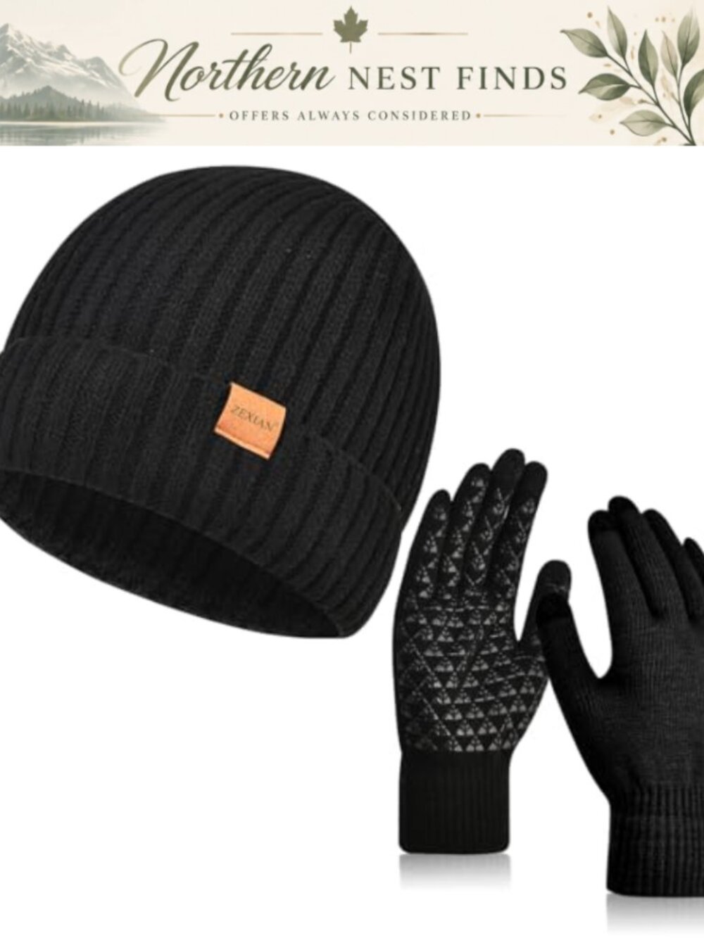 Unisex Beanie Hat & Touchscreen Gloves Set Acrylic Knit Cold Weather